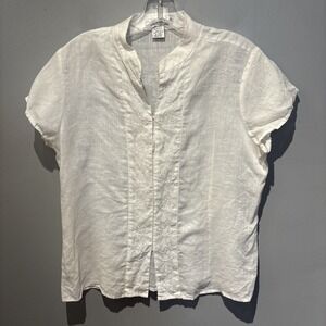 Anthropologie Jillian Jones White Linen Blouse ‎ Button Embroidered Trim Size L